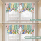 Easter Tie Up Valance Curtains for Windows, Kitchen Curtains Window Shades, Spring Rabbit Ears Foot Eggs Floral Wooden Grain Light Filtering Roman Curtain Valances for Bedroom/Bathroom/Cafe 54"x18"