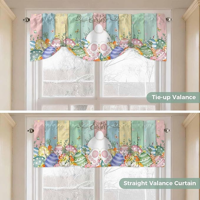 Easter Tie Up Valance Curtains for Windows, Kitchen Curtains Window Shades, Spring Rabbit Ears Foot Eggs Floral Wooden Grain Light Filtering Roman Curtain Valances for Bedroom/Bathroom/Cafe 60"x18"