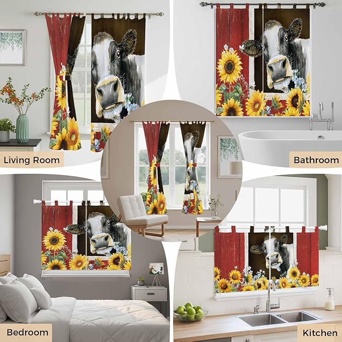 Cows Sunflowers Kitchen Curtains 24 Inch Length, Small Window Curtains Tab Top, Rustic Farms Barns Flowers Bees Animals Light Filtering Short Window Treatments Tier Drapes 27.5"x24" 2 Panel