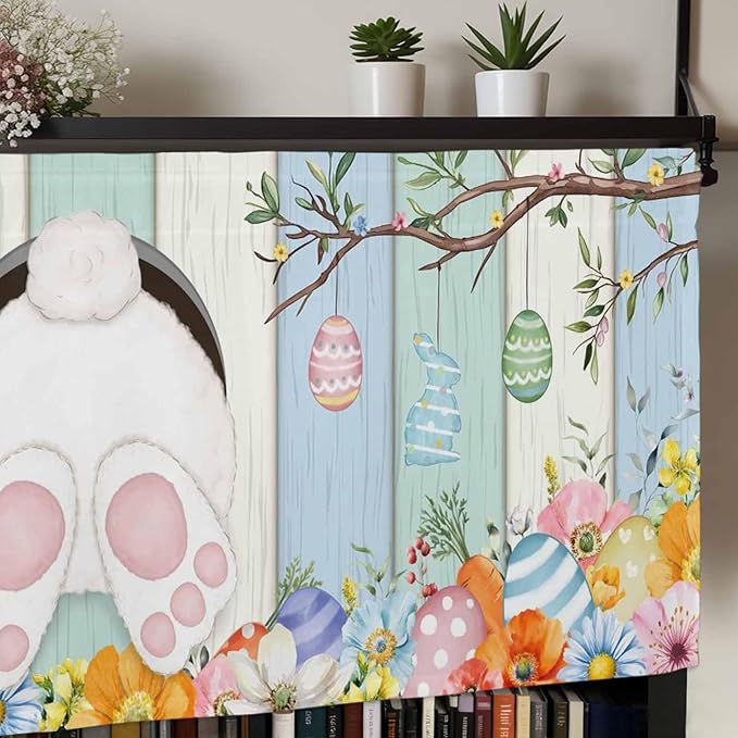 Easter Curtain Valances for Windows, Kitchen Valance Window Treatment, Spring Watercolor Bunny Eggs Wood Grain Teal Blue Light Filtering Block Curtains for Bathroom/Bedroom/Living Room 54'' x 18''