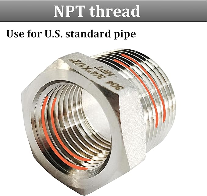 2 Pcs Reducer Hex Bushing, 304 Stainless Steel 1" Male NPT to 1/2" Female NPT（ 1"MNPT - 1/2"FNPT） Pipe Fitting Hex Bushing, Heavy Duty Pipe Fitting Reducer Adapter