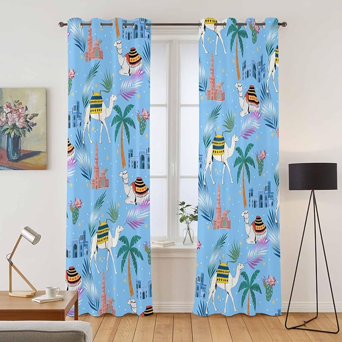 2 Panel Kitchen Cafe Curtains, Desert Landscape Sunlight Filtering Nature Air Through, Window Decor Tier Curtains for Living Room 104W x 96L inch Cute Camels Palm Trees Houses Leaves Blue