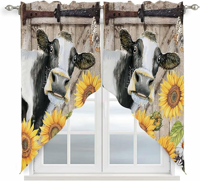Retro Farmhouse Flower Swag Valances for Windows, Yellow Sunflowers Cow Barn Doors Brown Rod Pocket Kitchen Curtains Valance, Small Window Curtains Swag for Cafe Living Room, 2 Panels, 28x36 inch