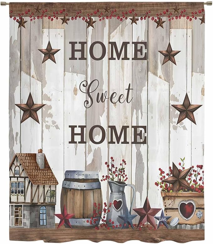 Farmhouse Sheer Curtains 108 Inch Length Retro Country Star Berry Vintage Wood Grain Chiffon Curtain for Bedroom Living Room Light Filtering Rod Pocket Window Treatments Voile Curtains Drapes
