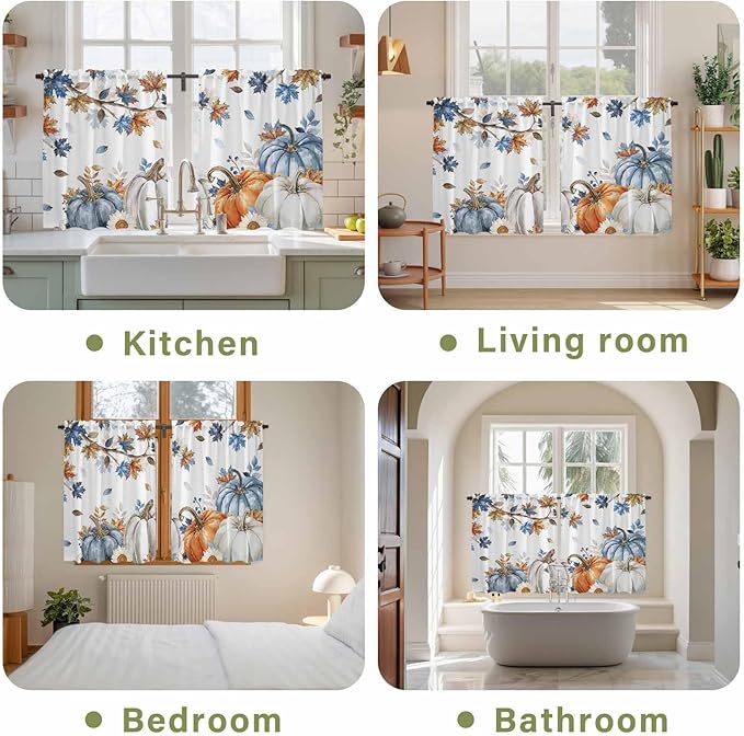 Navy Blue Pumpkin Fall Kitchen Curtains 45 Inch Long 2 Panel Set,Rod Pocket Window Treatment,Thanksgiving Maple Leaves Branches Light Filtering Short Curtains & Drapes for Bathroom Laundry 52"W x 45"L