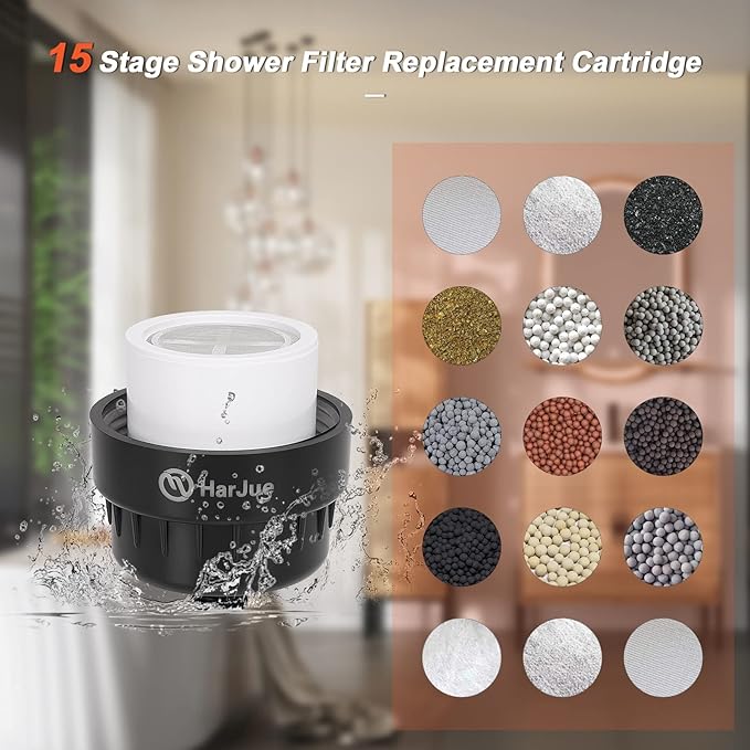 HarJue 15 Stage Shower Filter Replacement Cartridge, Universal High Output Shower Filter for Hard Water Remove Chlorine and Harmful Substances, Body Caring, 4 Pack