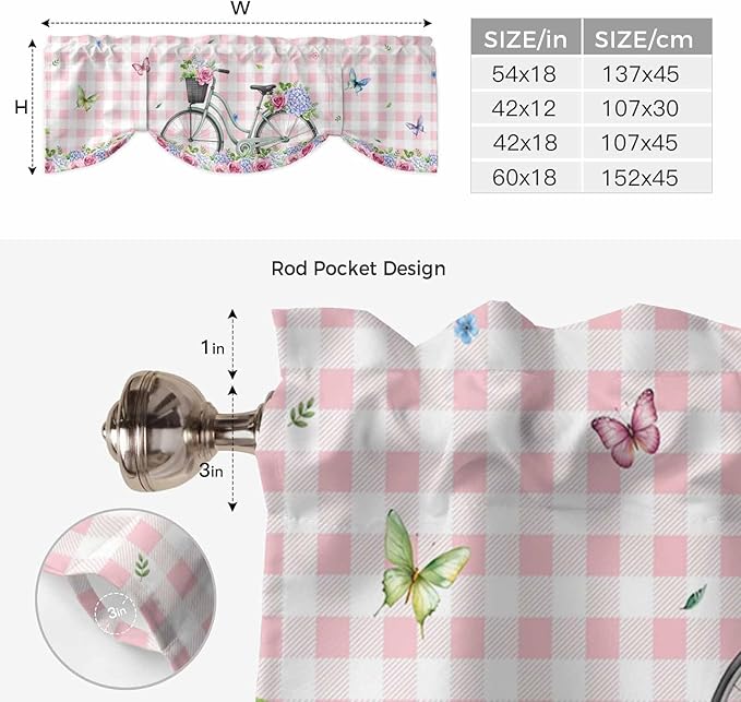Spring Tie Up Valance Curtains for Windows, Kitchen Curtains Window Shades, Bicycles Leaves Butterfly Flowers Pink Buffalo Plaid Light Filtering Curtain Valances for Bedroom/Bathroom/Cafe 60"x18"