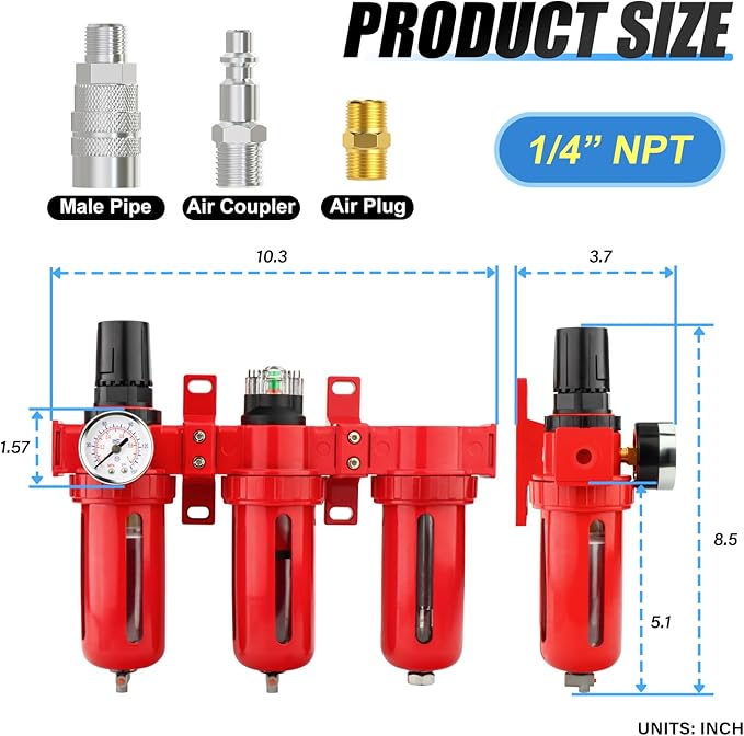1/4" NPT 3 Stage Aluminium Air Drying System,Coalescing Filter, Particulate Filter, Desiccant Dryer and Air Regulator, Manual Drain, Mid Flow, For Plasma Cutter and Paint Spray