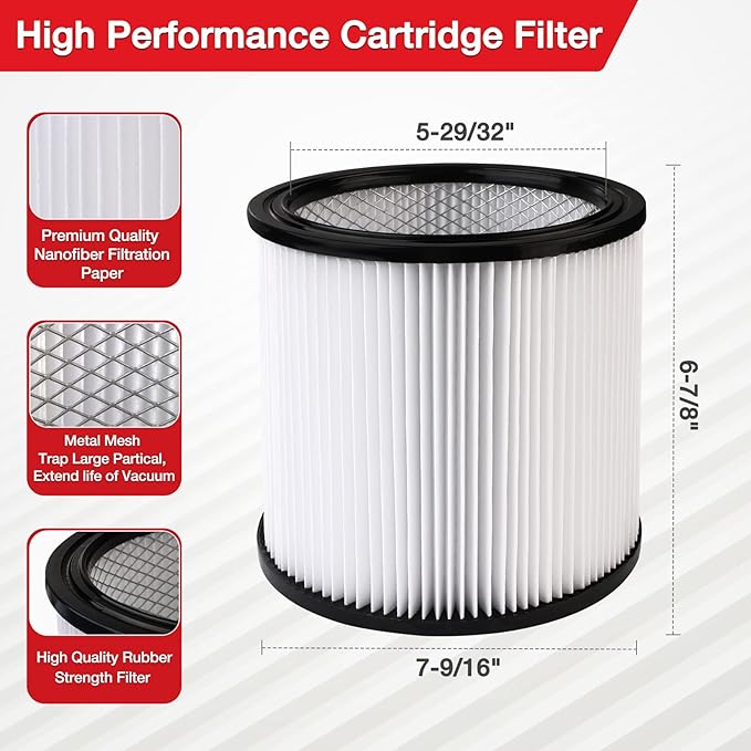 Shop-Vac High Performance 90304/90344 Cartridge Filter, Fits most 4-16 Gallon Shop-Vac Wet/Dry Vacuums, High Efficiency Nanofiber Filtration Paper, PET and Reusable, 1 Pack