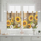 Farmhouse Sunflowers Kitchen Curtains 36 Inch Length, Small Window Curtains Tab Top, Rustic Floral Buttterfly Wood Board Brown Light Filtering Short Window Treatments Tier Drapes 27.5"x36" 2 Panel