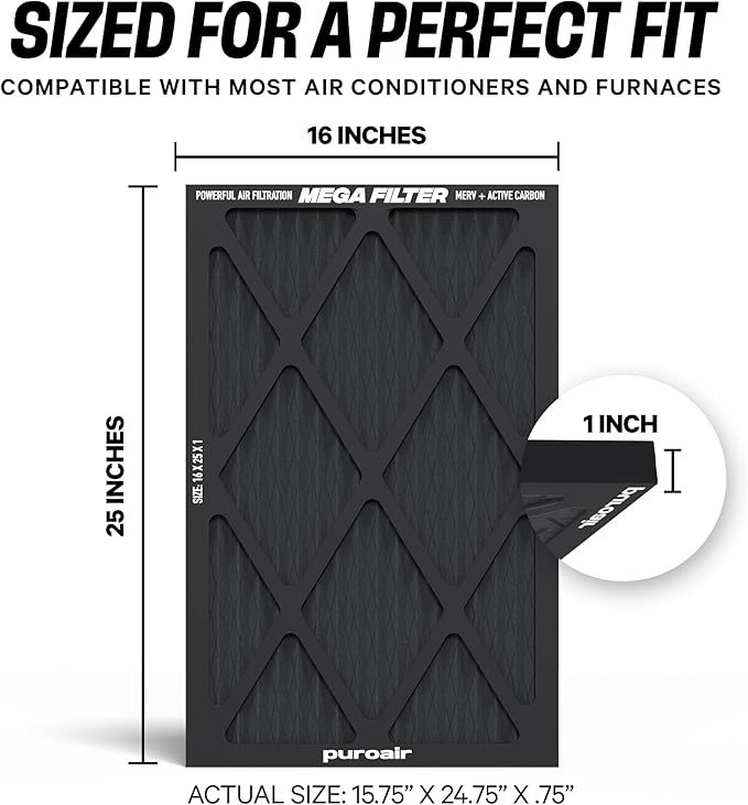 PuroAir MegaFilter - 16x25x1 Air Filter MERV 13 Activated CarbonTech Defense - Heavy Duty 3 Layer Furnace Filters Allergens, Pollen, Dust, Pet Dander, Smoke, Odors - HVAC Air Filter 16x25x1 (1-Pack)