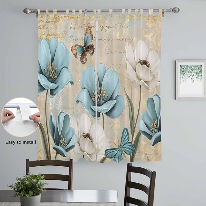 Spring Flowers Living Room Curtains 84 Inch Length, Window Curtains Tab Top, Vintage Rustic Tulips Floral Butterfly Khaki Light Filtering Window Treatments Drapes 52"x84" 2 Panel