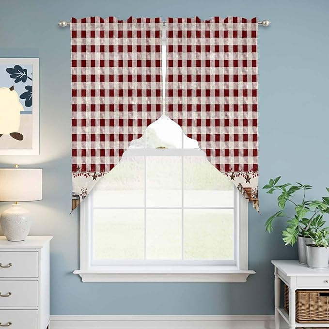 Swag Curtain Valances for Kitchen Windows,Farm Barn Western Star on Vintage Short Rod Pocket Window Valance,Red Buffalo Plaid Swag Topper for Bedroom Living Room,2 Panels 28x36in