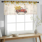 Farmhouses Sunflowers Sheer Valance Curtains, Retro Floral Leaves Red Truck Vintage Light Filtering Kitchen Valances Rod Pocket Voile Curtain Window Treatment for Bedroom/Living Room/Basement 42Wx12L