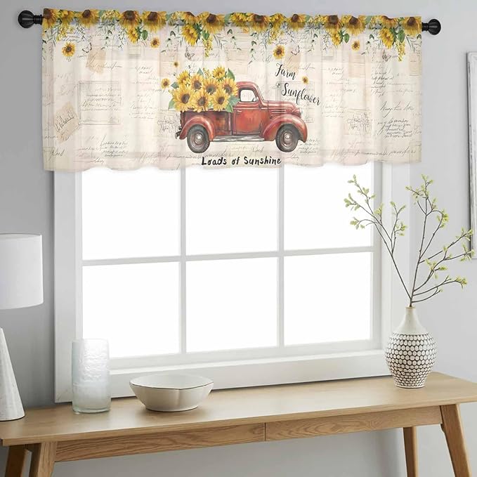 Farmhouses Sunflowers Sheer Valance Curtains, Retro Floral Leaves Red Truck Vintage Light Filtering Kitchen Valances Rod Pocket Voile Curtain Window Treatment for Bedroom/Living Room/Basement 54Wx18L