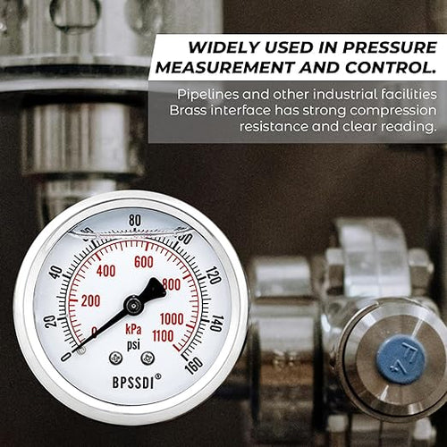 0-160 Psi Glycerin Liquid Filled Low Pressure Gauge, 2.5" Dial Size, 1/4" G Back Mount, 304 Stainless Steel Case, for Water Pipe, HVAC, Water Oil Air Pressure Test