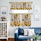 Kitchen Curtains Tiers and Valance Set of 3, Sunflowers Dog Light Filtering Window Curtain Set, Spring Watercolor Floral Stars on Linen Rod Pocket Curtain Drapes for Cafe, Living Room, 36 Inches Tiers