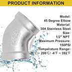 45 Degree Elbow 2PCS, 1/2" NPT Female x 1/2" NPT Female 304 Stainless Steel Pipe Fitting, Connector Coupler Apply to Outdoor/Garden/Industrial
