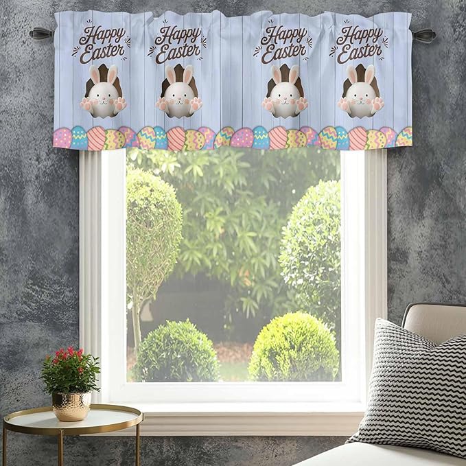 Blue Easter Curtain Valances for Windows, Kitchen Valance Window Treatment, Spring Cartoon Bunny Colorful Eggs Wood Grain Light Filtering Block Curtains for Bathroom/Bedroom/Living Room 42'' x 18''