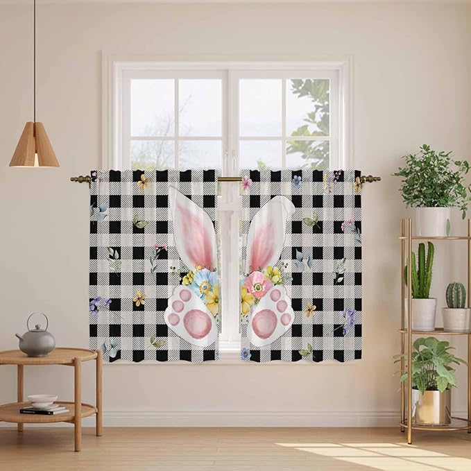 Easter Kitchen Curtains 45 Inch Long 2 Panel Set, Rod Pocket Window Treatment, Spring Rabbits Ears Feet Wildflowers Black Plaid Light Filtering Panels Short Drapes for Bathroom Camper 42"W x 45"L
