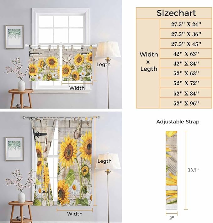 Farm Flowers Kitchen Curtains 24 Inch Length, Small Window Curtains Tab Top, Retro Sunflowers Barn Doors Butterfly Wood Board Light Filtering Short Window Treatments Tier Drapes 27.5"x24" 2 Panel