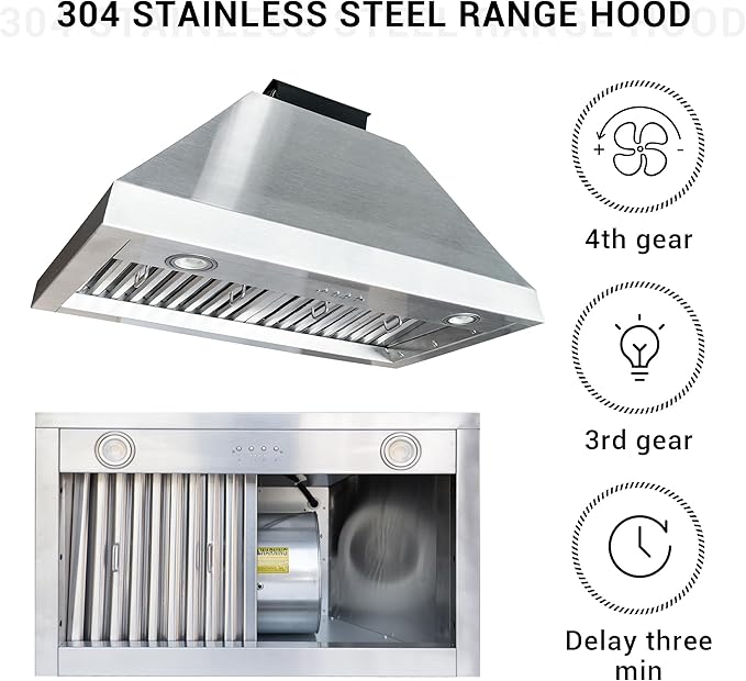 CHETTO C Stainless Steel Range Hood Cover with 4-Speed Vent Hood Insert Custom Handmade Metal Kitchen Fan with Towel Rack LED Light 30"W x21"D x45"H Black Wall Mount