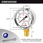 0-300 PSI Heavy-Duty Pressure Gauge, 2-Inch, Glycerin-Filled, Stainless Steel, 1/4" NPT Lower Mount, Shock-Resistant, Waterproof Pressure Meter for Oil Systems, Water Pumps, HVAC Applications