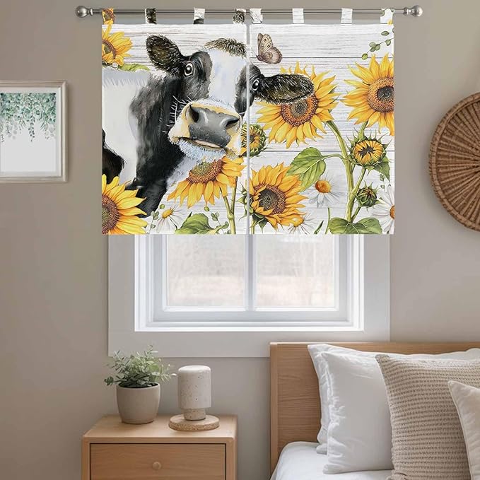 Retro Farmhouse Floral Bedroom Curtains 63 Inch Length, Window Curtains Tab Top, Yellow Sunflowers Cows Butterfly Wood Light Filtering Window Treatments Drapes 42"x63" 2 Panel