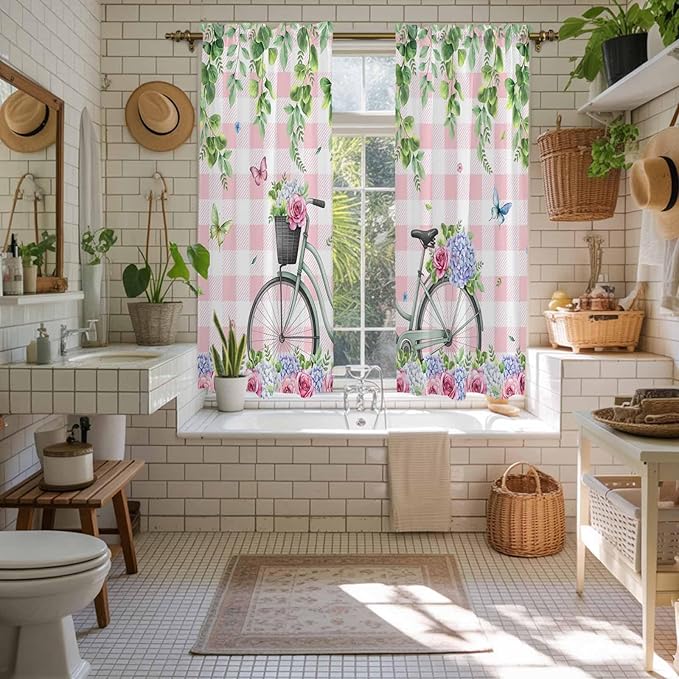 Spring Kitchen Curtains, Bicycles Leaves Butterfly Flowers Pink Buffalo Plaid Light Filtering Window Curtain Panels, 2Pcs Rod Pocket Window Treatments Set for Living Room Bathroom Bedroom 42x63 Inches
