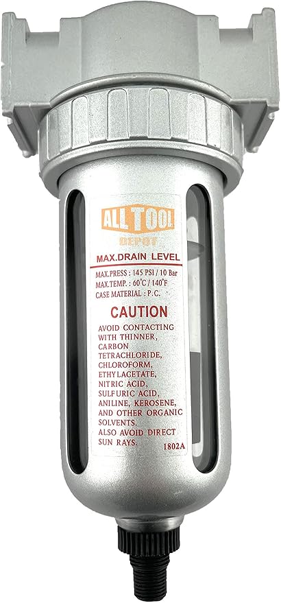 1/2" NPT MID FLOW Particulate Filter/Water Trap For Air Compressor Compressed Air Lines, 5u With Poly Bowl And Metal Bowl Guard (AUTO DRAIN)