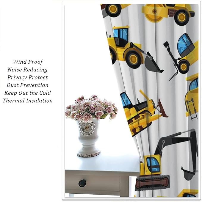 Kids Construction Equipment Window Curtains, Excavator Tractor Tow Truck Rod Pocket Decorative Windows Curtain for Children Teens Boys Girls Room Decor 42x63in (30% Blackout)