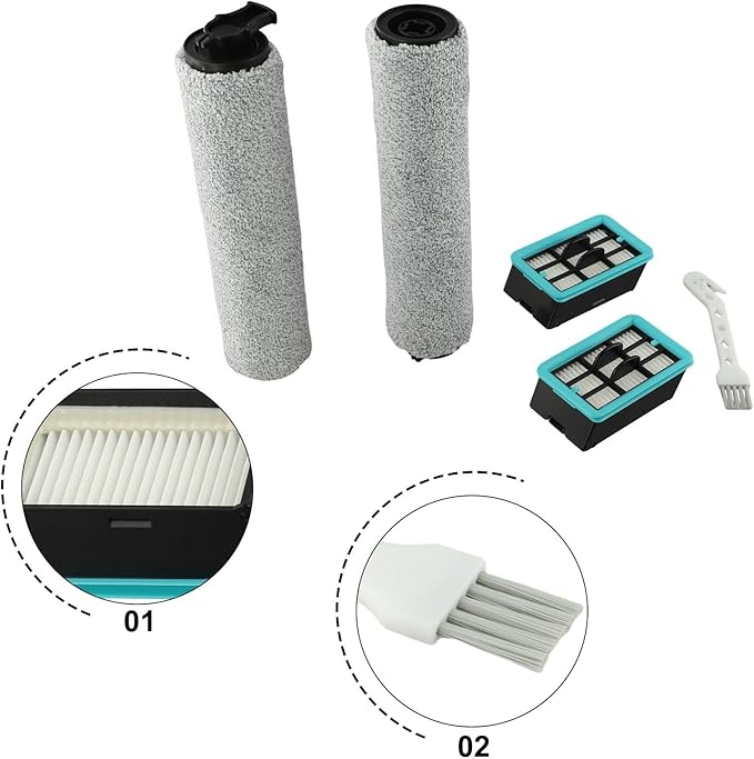 Replacement Roller Brush and Filter Kit for CrossWave 3831 HF2, 3845, 3847, 3848 Floor Scrubber – Wet/Dry Cleaning Accessory, Piece Set