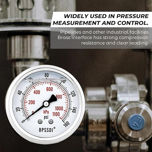 0-200 Psi Glycerin Liquid Filled Low Pressure Gauge, 2.5" Dial Size, 1/4" G Back Mount, 304 Stainless Steel Case, for Water Pipe, HVAC, Water Oil Air Pressure Test