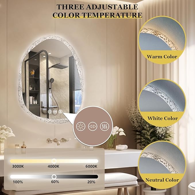 LUVODI Lighted LED Bathroom Mirror: 32”x24”Irregular Stone Pattern Frosted Wall Vanity Mirror with Bright Back Lit - Smart Dimmable Mirror Anti Fog with Touch Switch for Restroom Bedroom Living Room