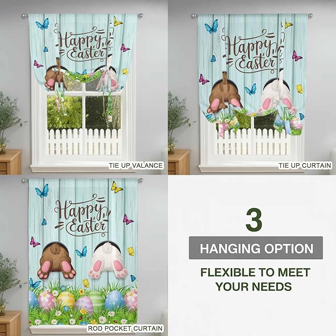 Tie Up Curtains,Happy Easter Bunny Butt Egg Floral Adjustable Rod Pocket Window Shade Curtain Drape Spring Plant on Aqua Wood Tie-Up Valance for Kitchen Bedroom Living Room Windows,42"x45"