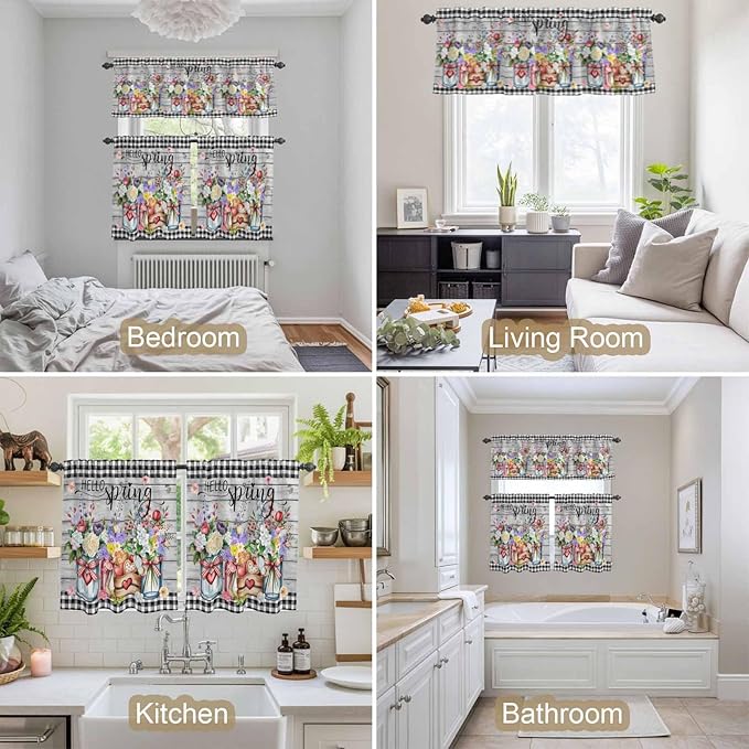 Spring Flowers Kitchen Curtains Set 3 Piece for Windows, Rod Pocket Valance and Tier Set 24 Inch Length, Farmhouse Black Plaid Wood Grain Light Filtering Cafe Curtains for Living Room Bathroom