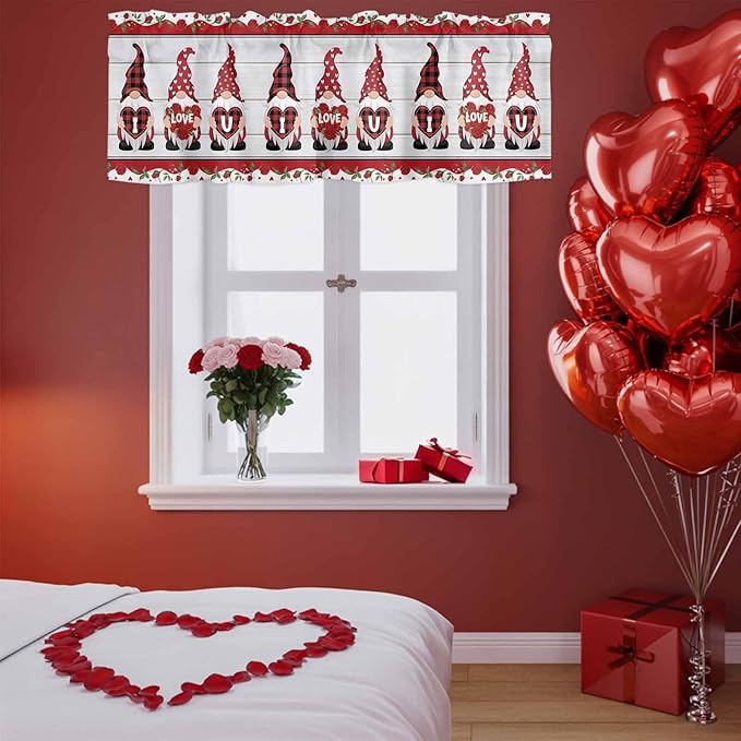 I Love U Valance Curtains for Kitchen, Valentine's Day Dwarf Romantic Wood Grain Privacy Rod Pocket Valance Curtain, Light-Filtering Window Treatment for Bedroom Bathroom, 54"x18"