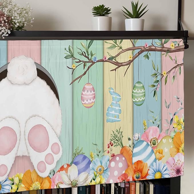 Easter Curtain Valances for Windows, Kitchen Valance Window Treatment, Spring Colorful Bunny Eggs Flower Wood Grain Light Filtering Block Curtains for Bathroom/Bedroom/Living Room 54'' x 18''