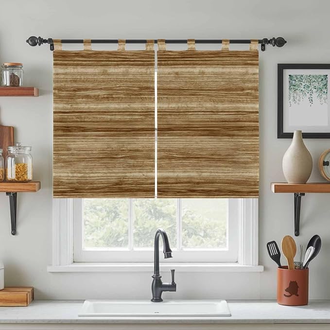 Vintage Western Kitchen Curtains 45 Inch Length, Short Cafe Window Curtains Tab Top, Rustic Farmhouse Wooden Grain Barn Door Light Filtering Window Treatments Tier Drapes 27.5"x45" 2 Panel