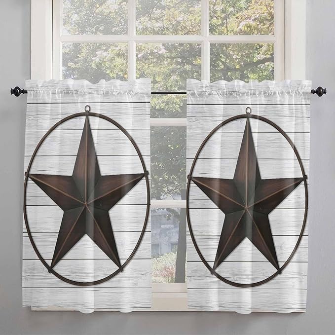 Vintage Farm Western Star Window Valance Curtains, White Wood Grain Light Filtering Kitchen Valance with 3-inch Rod Pocket for Living Room Bathroom Bedroom,2 Panel,42x54In