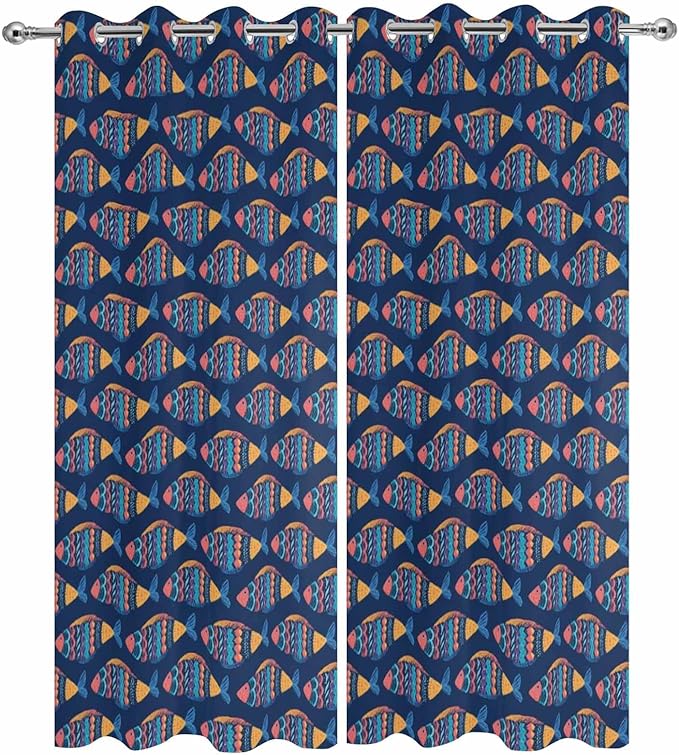 Fish Outdoor Curtains for Patio Vintage National Wind Fish Blue Waterproof Outside Curtains with Grommet Top Weatherproof Curtain for Cabana Pergola Gazebo, 2 Pack, 54" W x 95" L