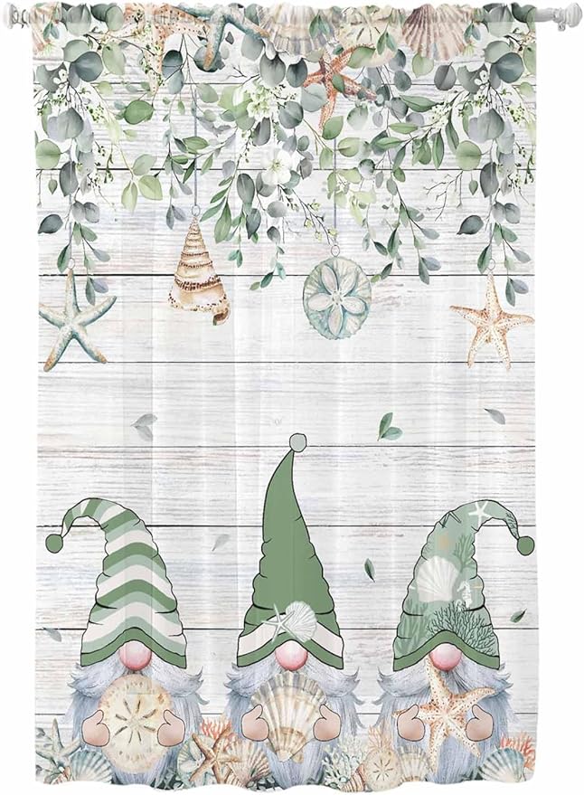 Sheer Curtains 63 Inch Length, Coastal Eucalyptus Leaf Semi Sheer Curtains Light Filtering Window Treatment, Sage Green Gnomes Starfish Privacy Voile Drapes for Living Room Bedroom 52x63 Inch