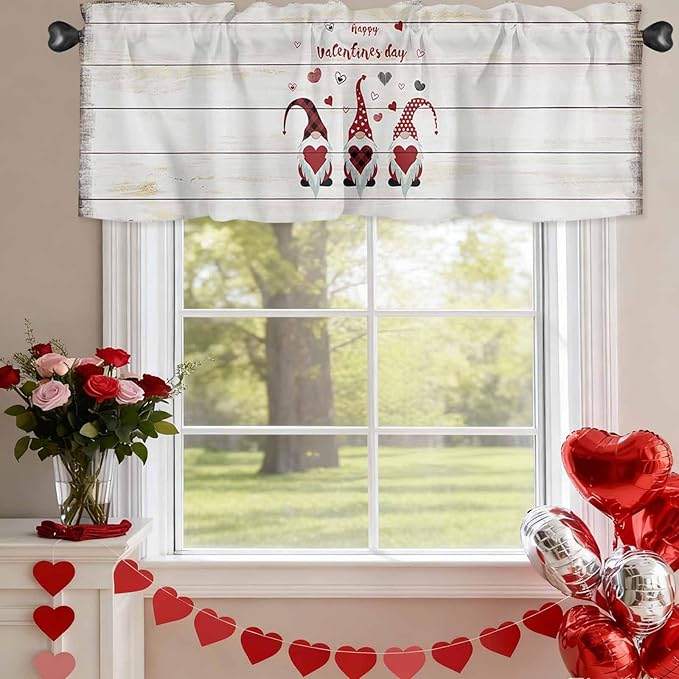 Happy Valentine's Valance Curtains for Kitchen, Day Gnomes Love Heart on Rustic Wood Grain Privacy Rod Pocket Valance Curtain, Light-Filtering Window Treatment for Bedroom Bathroom, 42"x12"