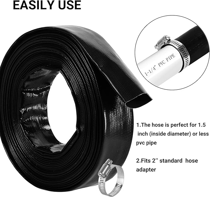 1-1/4" x 50 FT Pool Backwash Hose, Black Heavy Duty Reinforced PVC Lay Flat Water Discharge Hose