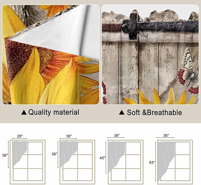 Sunflowers Swag Valances for Windows, Retro Flower Barn Doors Butterfly Farmhouse Brown Rod Pocket Kitchen Curtains Valance, Kitchen Window Curtains Swag for Cafe Living Room, 2 Panels, 36x63 inch