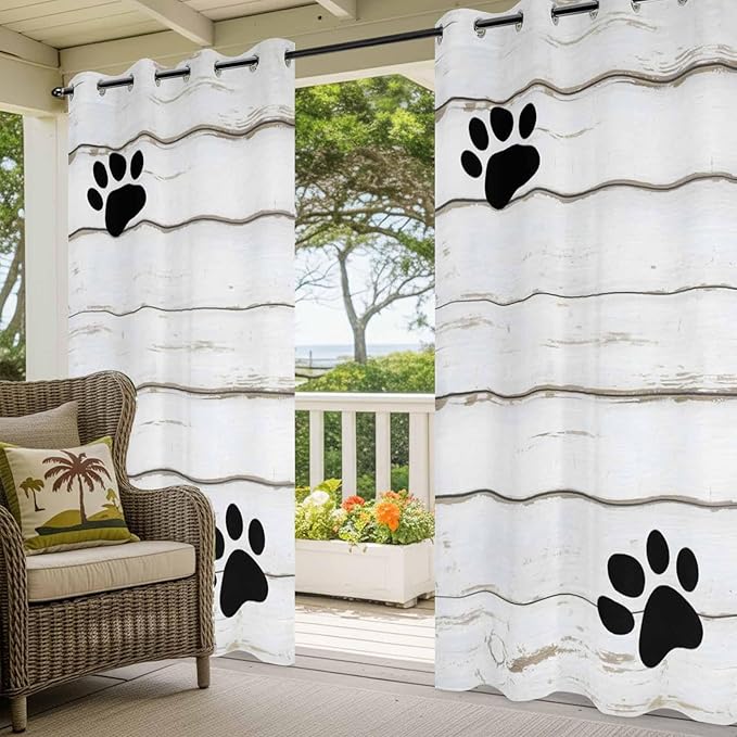 Wood Grain Outdoor Curtains for Patio Claws Animals Wooden White Waterproof Outside Curtains with Grommet Top Weatherproof Curtain for Cabana Pergola Gazebo, 1 Panel, 54" W x 108" L