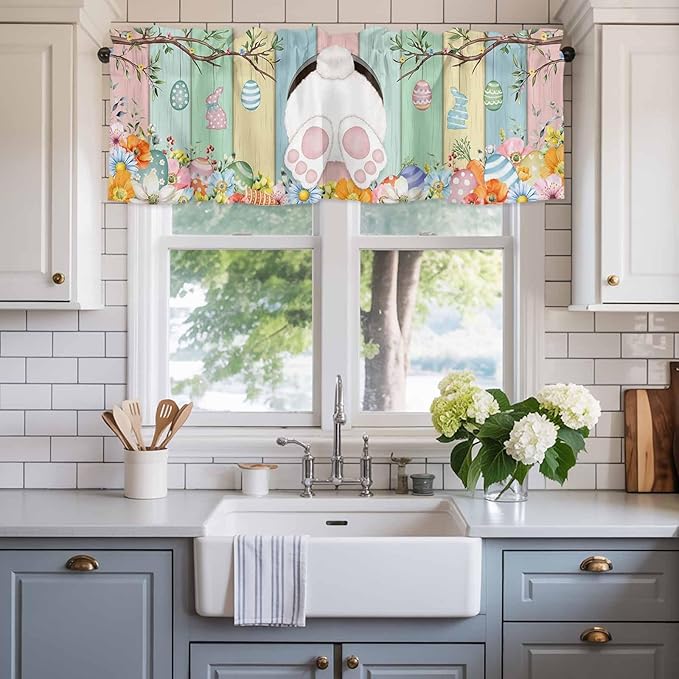 Easter Curtain Valances for Windows, Kitchen Valance Window Treatment, Spring Colorful Bunny Eggs Flower Wood Grain Light Filtering Block Curtains for Bathroom/Bedroom/Living Room 60'' x 18''