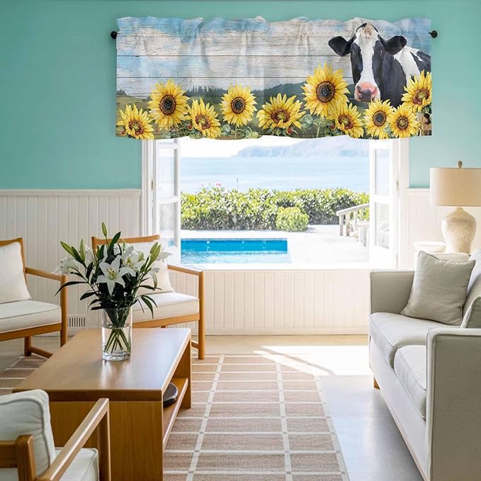 Cow Sunflowers Curtain Valances for Windows, Kitchen Valance Window Treatment, Farmhouse Animal Blue Sky Wooden Grain Light Filtering Block Curtains for Bathroom/Bedroom/Living Room 54'' x 18''