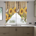 Farmhouse Sunflowers Swag Valances for Windows, Rustic Floral Buttterfly Wood Board Brown Rod Pocket Kitchen Curtains Valance, Kitchen Window Curtains Swag for Cafe Living Room, 2 Panels, 36x45 inch
