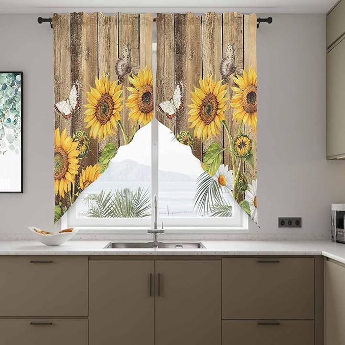 Farmhouse Sunflowers Swag Valances for Windows, Rustic Floral Buttterfly Wood Board Brown Rod Pocket Kitchen Curtains Valance, Kitchen Window Curtains Swag for Cafe Living Room, 2 Panels, 36x63 inch